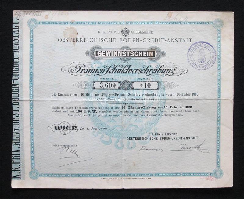 Osztrák Földhitel Intézet nyereménykötvény 100 florin 1899 Bécs
